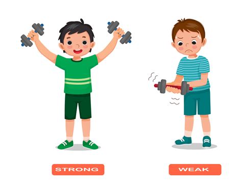 Opposite adjective antonym strong and weak words illustration of kids ...