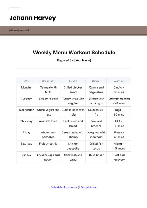 Free Weekly Menu Workout Schedule Template to Edit Online