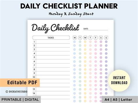 Editable Daily Checklist Printable Weekly to Do List - Etsy