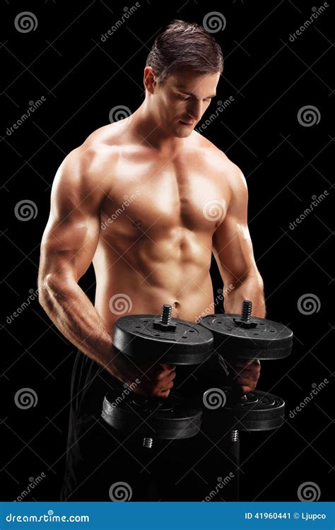 Handsome Man Exercising with Two Weights Stock Image - Image of black ...
