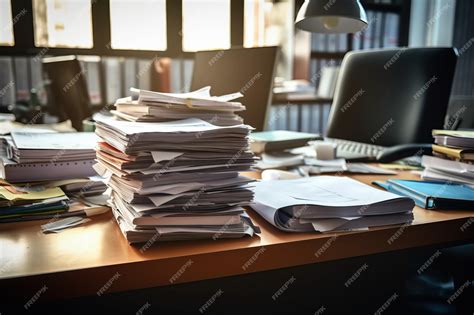 Closeup office desk with an organized stack of papers heavy workload ...