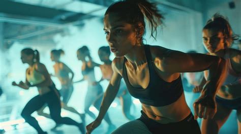 A group of people doing a HIIT workout in a modern gym with energetic music and dynamic ...