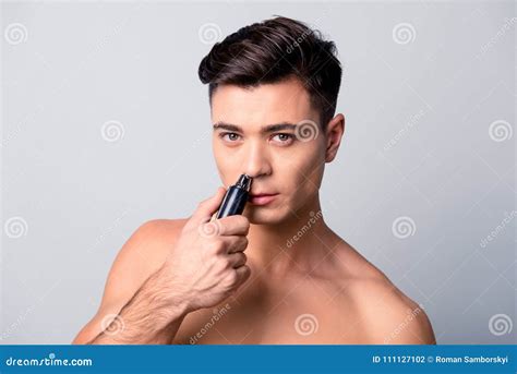 Close Up Portrait of Handsome Confident Concentrated Shaven Guy Stock ...