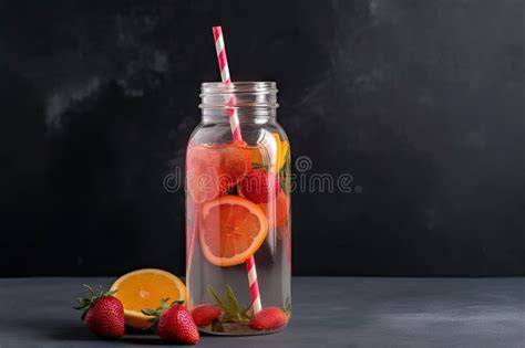 Refreshing Fruit-infused Water in Glass Bottle with Straw Stock ...