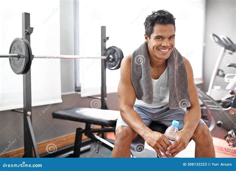 Happy, Man and Portrait at Gym with Water Bottle for Recovery after ...