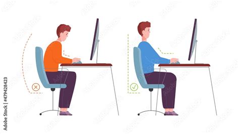 Correct posture computer. Ergonomic seat office workstation, character ...