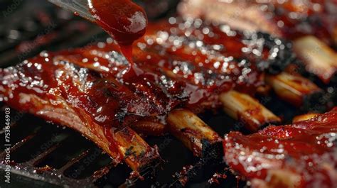 texture and detail of grilled pork ribs, highlighting the charred edges ...
