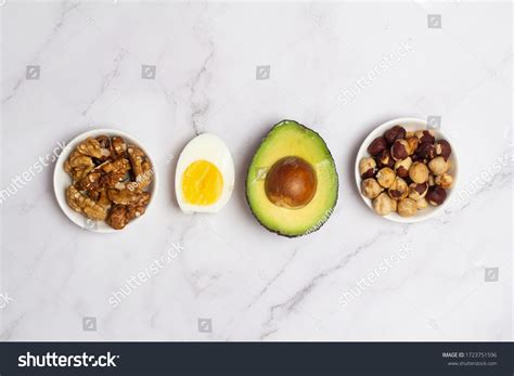 Healthy Fats Nuts Avocados Eggs Stock Photo (Edit Now) 1723751596