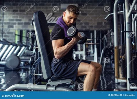 Close Up of a Muscular Young Man Lifting Weights in Gym Stock Photo ...