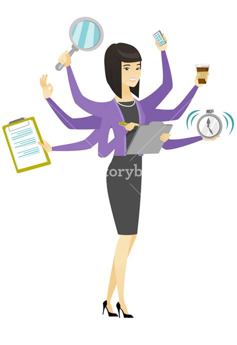 Asian business woman with many legs and hands coping with multitasking ...