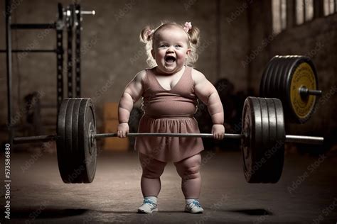 An little strong smiling baby girl lifts a very heavy barbell - AI generative Ілюстрація Stock ...